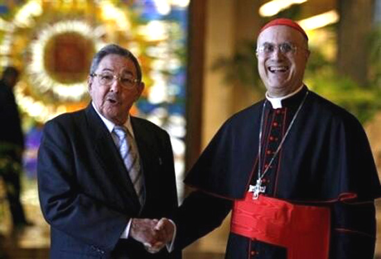Cardinal Bertone shaking hands with Raul Castro